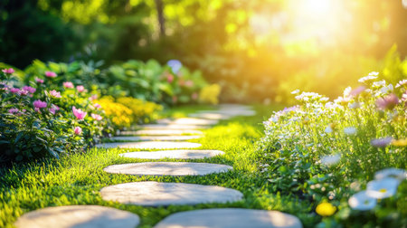 A tranquil stone pathway winds through a vibrant garden, surrounded by blooming flowers and lush greenery, illuminated by warm sunlight. Perfect for serene landscapes.の素材