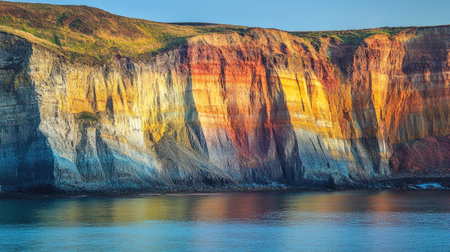 This stunning image showcases vibrant coastal cliffs with unique color layers, reflecting beautifully in calm waters. A perfect capture of nature's artistry.の素材
