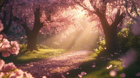A serene morning landscape featuring cherry blossom trees bathed in warm sunlight. The gentle path invites peaceful strolls through vibrant nature.の素材