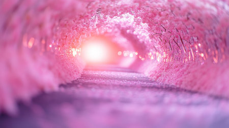 Experience a vibrant scene of cherry blossoms in full bloom, creating a magical pathway illuminated by soft light. A perfect spring atmosphere.の素材