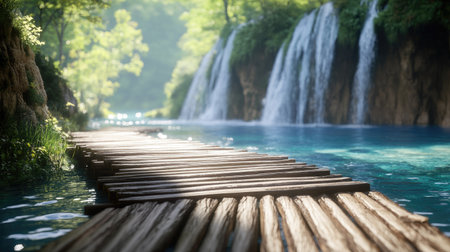 Experience tranquility on a wooden walkway beside gentle waterfalls. This scenic view captures the beauty of nature, perfect for relaxation and escape.の素材