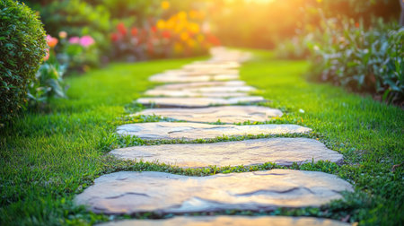 Discover a tranquil stone pathway meandering through a vibrant garden, bathed in soft sunlight, perfect for capturing the essence of nature and serenity.の素材