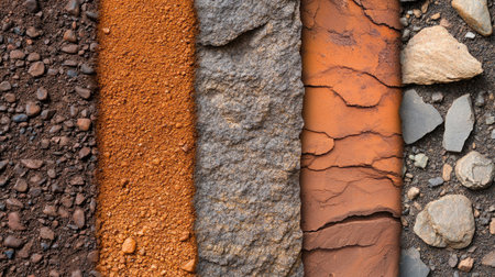 Explore a visually striking collage showcasing various natural textures, including soil, rock, and minerals. Perfect for backgrounds and artistic design.の素材