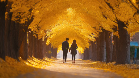 Experience a beautiful, vibrant ginkgo tree tunnel filled with golden-yellow leaves, ideal for a romantic stroll or serene nature moments during autumn.の素材