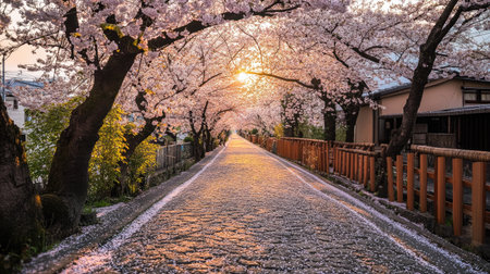 A stunning view of a vibrant cherry blossom tunnel, filled with scattered petals and bathed in warm sunlight, creating a serene and picturesque spring pathway.の素材