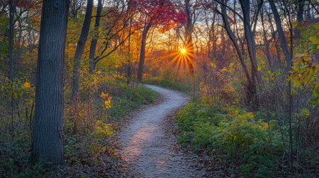 Experience the enchanting beauty of a winding forest path at sunset. This serene landscape captures the warm hues of autumn foliage illuminated by golden sunlight.の素材