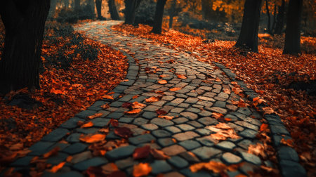 A picturesque winding cobblestone path meanders through a tranquil forest, blanketed with vibrant autumn leaves, inviting exploration and peaceful moments.の素材