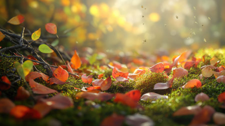 Discover a serene sunlit forest floor adorned with vibrant autumn leaves and lush moss. This tranquil scene captures the essence of nature's beauty.の素材