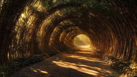 Explore the beauty of a bamboo tunnel bathed in warm sunlight, creating a serene and artistic pathway perfect for nature lovers and photographers.の素材
