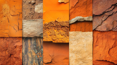 A vibrant collage showcasing various textures of orange canyon soil, ideal for creative projects, backgrounds, or design inspiration in art and photography.の素材