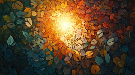 A stunning composition of dappled leaves illuminated by sunlight, creating a vibrant visual experience. Perfect for themes of nature and tranquility.の素材