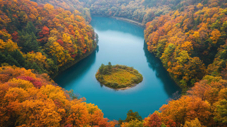 Experience a breathtaking aerial view of Oirase Gorge, showcasing vibrant autumn colors reflecting in the tranquil waters. A perfect getaway for nature lovers.の素材