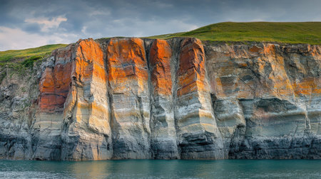 Stunning view of vibrant coastal cliffs showcasing colorful layers. The dramatic rock formations rise from tranquil waters, creating an enchanting natural landscape.の素材