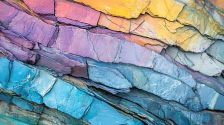 Discover a stunning view of vibrant coastal cliffs showcasing colorful rock layers. This detailed image captures the beauty and complexity of geological formations.の素材