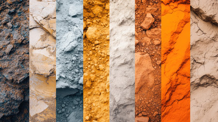 This vibrant collage showcases various textures of orange canyon soil. Perfect for creative projects, it highlights the beauty and diversity found in nature, with captivating colors and patterns that inspire artistic expression.の素材