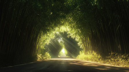 Experience a stunning view of an enchanting bamboo tree tunnel. Natural sunlight filters through, creating a serene and magical atmosphere perfect for tranquil escapes.の素材