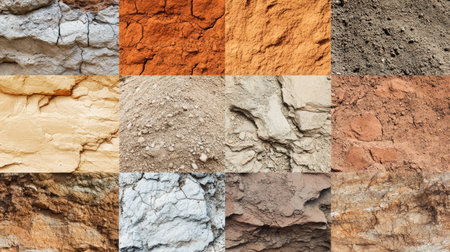 Explore an engaging collage showcasing various orange canyon soil textures, highlighting the natural beauty and diversity in earth formations and colors.の素材