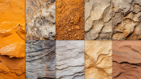 Discover a captivating collage showcasing various orange canyon soil textures. This striking visual highlights rich earth tones, unique patterns, and organic beauty.の素材