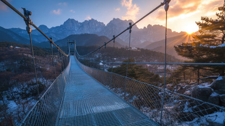 Experience the enchanting beauty of a suspension bridge at Sogeumsan Mountain, bathed in the warm glow of sunset. Perfect for nature and travel enthusiasts.の素材