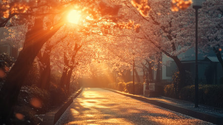 This stunning image captures a tranquil cherry blossom pathway bathed in golden sunlight at sunset, showcasing nature's beauty in full bloom.の素材