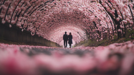 A romantic couple walks hand in hand through a stunning flower tunnel, surrounded by vibrant pink blooms. This enchanting scene captures the essence of love and tranquility in nature.の素材