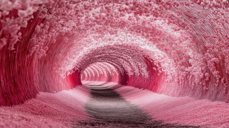 Experience a mesmerizing journey through a vibrant pink tunnel, showcasing captivating textures and soft lighting that transform the space into an enchanting environment.の素材