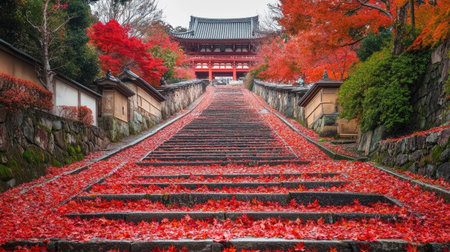 A stunning view of vibrant red maple leaves covering stone steps, creating a picturesque autumn scene. This tranquil landscape captures seasonal beauty.の素材