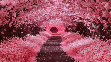 An enchanting pathway surrounded by pink flowering trees creates a serene and vibrant atmosphere, perfect for capturing the beauty of nature in springtime.の素材