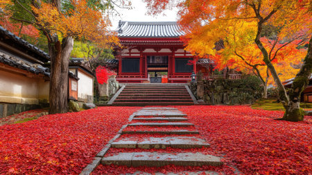 A stunning autumn scene featuring vibrant red maple leaves covering a serene pathway leading to a traditional building, perfect for nature lovers and travelers.の素材