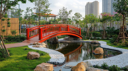 A stunning red bridge gracefully arches over a tranquil pond in a picturesque Japanese garden, surrounded by lush greenery and serene elements.の素材
