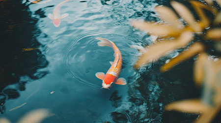 A stunning close-up of a vibrant koi fish gliding gracefully through clear water, creating gentle ripples in a tranquil pond scene, showcasing nature's beauty.の素材