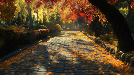 Discover a serene pathway through a stunning Japanese garden, adorned with vibrant autumn leaves. Perfect for relaxation and contemplation in nature's beauty.の素材