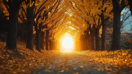 Experience an enchanting autumn walkway lined with golden foliage, creating a vibrant and warm atmosphere. A perfect scene for nature lovers and tranquility seekers.の素材
