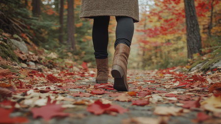 A woman walks gently in ankle boots through vibrant autumn leaves, enjoying a peaceful moment in a beautiful forest setting. The colorful foliage creates a warm, inviting atmosphere.の素材