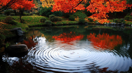 A stunning scene of vibrant red and orange maple leaves reflecting on a tranquil pond. The serene garden setting captures the beauty of autumn colors.の素材