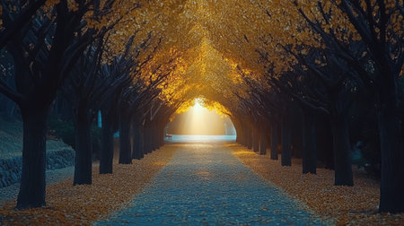 Experience the enchanting beauty of an autumn walkway, lined with golden leaves and bathed in warm sunlight, offering a serene escape into nature's embrace.の素材