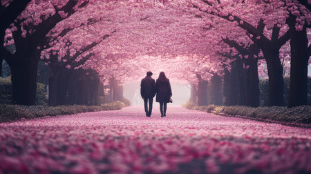 Experience a serene stroll under enchanting cherry blossoms, where petals gracefully accentuate the tranquil path, creating a perfect romantic atmosphere.の素材