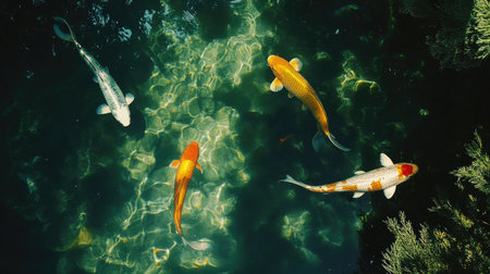 An overhead view of colorful koi fish gracefully swimming in clear water, showcasing nature's beauty and tranquility in a serene pond environment.の素材