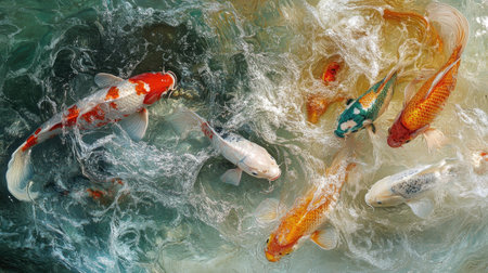 A vibrant overhead view showcasing colorful koi fish swimming in clear water, creating a peaceful and dynamic aquatic scene full of life and beauty.の素材