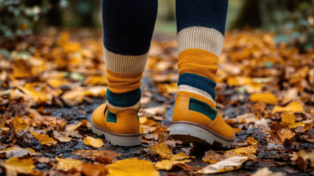 A woman walks on a path covered in autumn leaves, showcasing her cozy socks and stylish boots. The vibrant colors and warm tones create a serene outdoor atmosphere.の素材