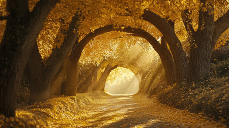 Explore an enchanting pathway lined with golden ginkgo trees, bathed in warm sunlight. A magical autumn scene that invites tranquility and beauty.の素材
