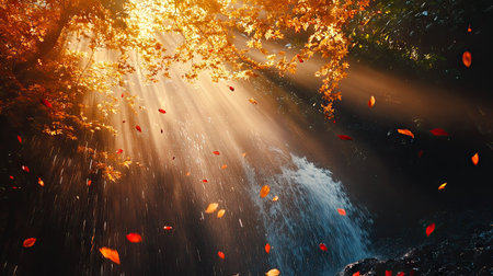 Experience the serene beauty of soft sunlight filtering through golden autumn leaves, casting vibrant rays on a tranquil forest scene.の素材