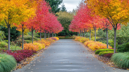 A vibrant and colorful Japanese pathway lined with stunning autumn trees, showcasing a serene and peaceful landscape perfect for nature lovers.の素材