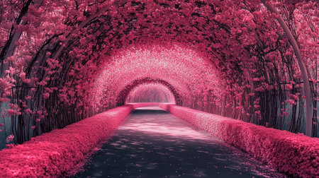 Discover a serene pathway enveloped in vibrant pink blossoms, creating a tranquil escape under a beautiful floral canopy. Ideal for nature lovers and peaceful retreats.の素材