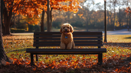 A cheerful dog sits on a park bench surrounded by colorful autumn leaves, embodying the joy of outdoor moments in a serene setting.の素材