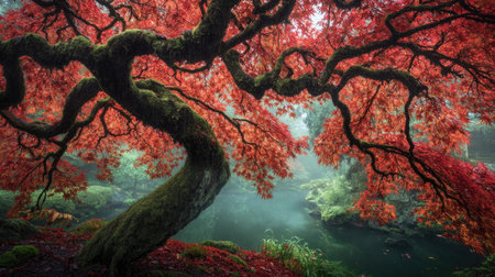 A stunning maple tree showcases vibrant red foliage, showcasing intricately twisted branches, reflecting nature's beauty during autumn in a serene landscape.の素材