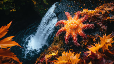 Experience the serene beauty of Oirase Gorge during autumn, featuring vibrant leaves, a cascading waterfall, and a colorful starfish in a tranquil setting.の素材