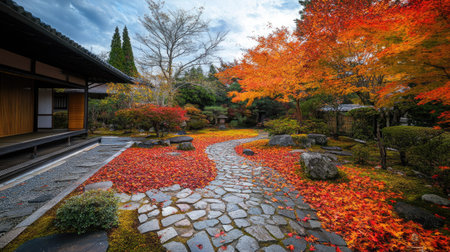 Experience the beauty of autumn with vibrant red, orange, and yellow leaves covering a serene garden pathway, perfect for tranquil outdoor moments.の素材