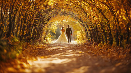 A picturesque autumn scene featuring a couple walking hand-in-hand through a leafy tunnel, surrounded by vibrant foliage, capturing love and serenity.の素材