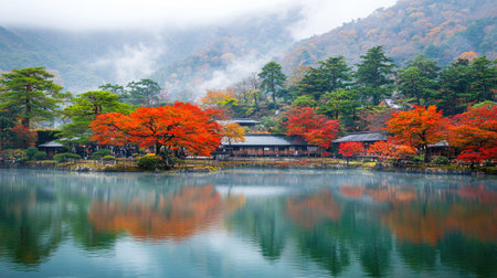 Experience the serene beauty of a Japanese garden in autumn, with vibrant red foliage reflecting on tranquil waters, surrounded by mountains and mist.の素材